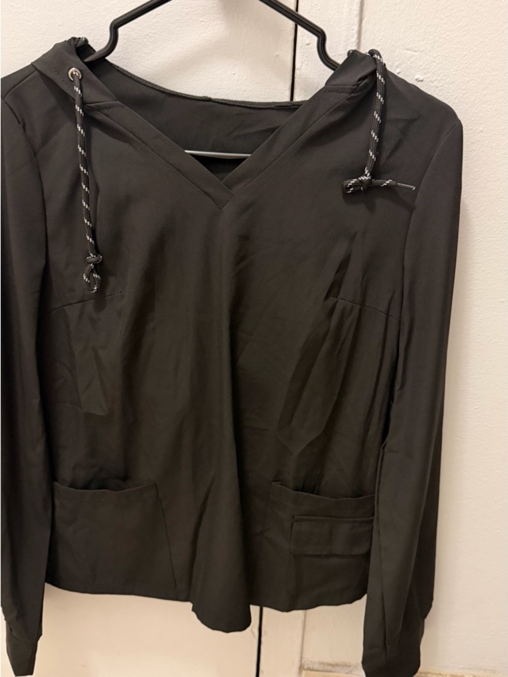Black V-Neck Hoodie Top with Drawstring Detail